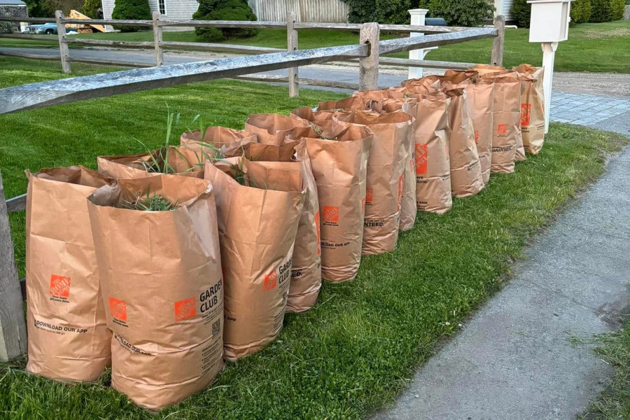 leaves and grass on sack